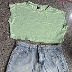 SHEIN Mint Green Crop Top and denham skirt